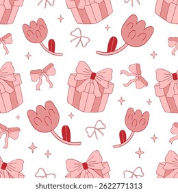 Coquette hand drawn seamless pattern. Flowers, gifts and bows. Trendy vintage line art.