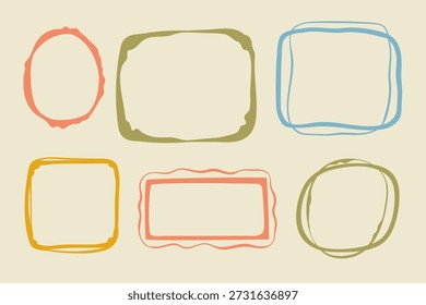 Coquette handgezeichnete Doodle-Rahmen-Set, bunte Formen Kader Vintage moderne skurrile Kanten Elemente, elegante geometrische Trend-Stempel flirting Girly Stil Design. Einzeln. Vektorgrafik
