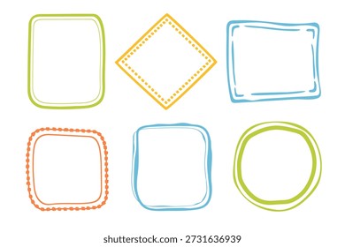 Coquette handgezeichnete Doodle-Rahmen-Set, bunte Formen Kader Vintage moderne skurrile Kanten Elemente, elegante geometrische Trend-Stempel flirting Girly Stil Design. Einzeln. Vektorgrafik