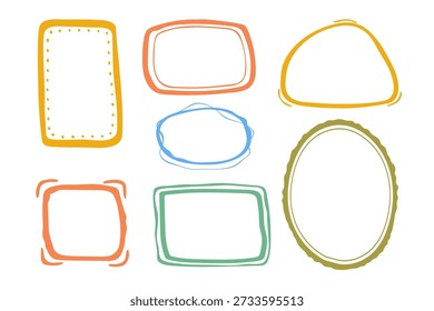 Coquette handgezeichnete Doodle-Rahmen-Set, bunte Formen Kader Vintage moderne skurrile Kanten Elemente, elegante geometrische Trend-Stempel flirting Girly Stil Design. Einzeln. Vektorgrafik