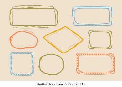 Coquette handgezeichnete Doodle-Rahmen-Set, bunte Formen Kader Vintage moderne skurrile Kanten Elemente, elegante geometrische Trend-Stempel flirting Girly Stil Design. Einzeln. Vektorgrafik