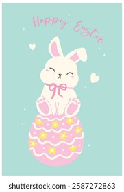 Coquette Happy Easter Bunny on Egg Whimsical Rabbit Cartoon Flat design