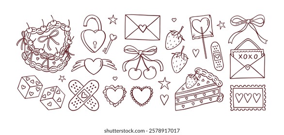 Coquette Happy Valentine's Day doodle set. Heart shaped cakes, trendy cherries, vintage bows, Y2k lollipop, Love letters, envelopes, lock, key, dice. Hand-drawn line art vector illustration