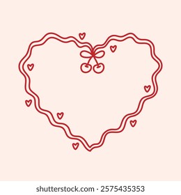 Coquette heart frame with cherry berry and hearts. Holiday trendy border. Vintage background. Whimsical card design, for valentine day, birthday, wedding. Minimalist line art