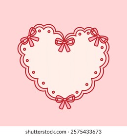 Coquette heart frame with cute bows and lace. Holiday trendy border. Vintage background for greeting cards, invitations, social media. Whimsical card design, for valentine day, birthday, wedding