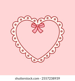 Coquette heart frame with pretty charming bow and lace. Holiday trendy border. Vintage background for greeting cards, wedding, invitations, social media