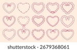 Coquette heart frames with cloth ruffles set. Whimsical wedding decor lace borders. Hand drawn romantic victorian vector decorative elements