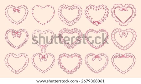 Coquette heart frames with cloth ruffles set. Whimsical wedding decor lace borders. Hand drawn romantic victorian vector decorative elements