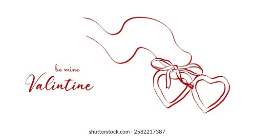 Coquette heart locket with ribbon bow of hand drawn line art style. Simple crayon and sketch symbol for Valentine day and invitations templates. Doodle vector illustration