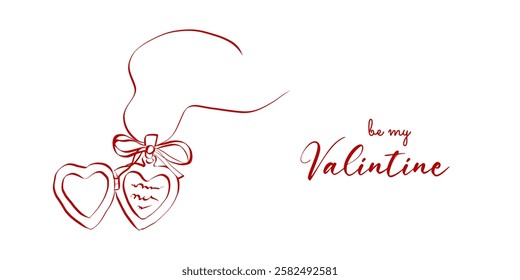 Coquette heart locket with ribbon bow of hand drawn line art style. Simple crayon and sketch symbol for Valentine day and invitations templates. Doodle vector illustration