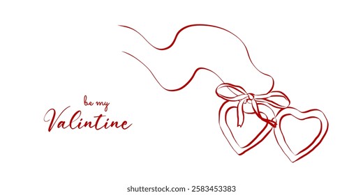 Coquette heart locket with ribbon bow of hand drawn line art style. Simple crayon and sketch symbol for Valentine day and invitations templates. Doodle vector illustration