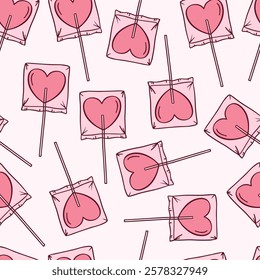 Coquette heart shaped Lollipop hand drawn seamless pattern. Pink vector seamless print in trendy Y2k style. Kawaii wallpaper, background, cover