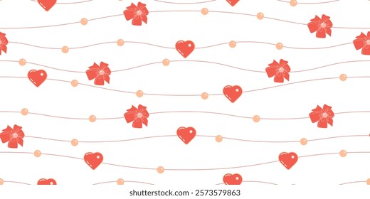 Coquette hearts, bows and pearls on a festive background. Seamless pink background with red hearts and red bows, pink pearls. A gentle illustration for Valentine s Day, the birth of a child.