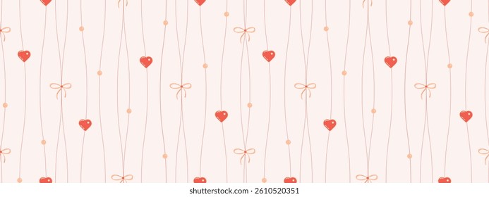 Coquette Hearts, pearls and bows on a festive background. Seamless romantic background with red hearts and pink pearls, bows. A gentle illustration for Valentine s Day, the birth of a child.