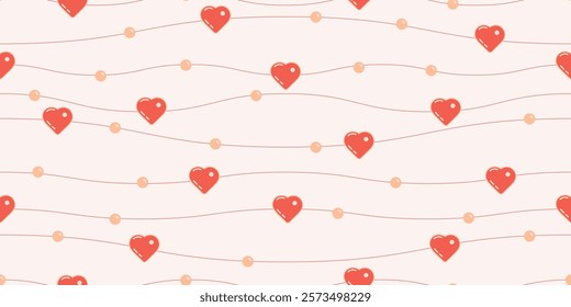 Coquette Hearts and pearls on a festive background. Seamless romantic background with red hearts and pink pearls. A gentle illustration for Valentine s Day, the birth of a child.