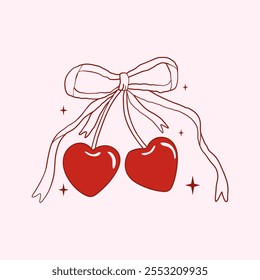 Coquette heart-shaped cherries with bow. Cherry with ribbon. Vector illustration for posters, cards, logo, printing on t-shirt etc.