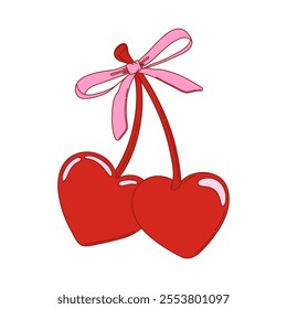 Coquette heart-shaped cherries with bow. Cherry with ribbon. Vector illustration for posters, cards, logo, printing on t-shirt etc.