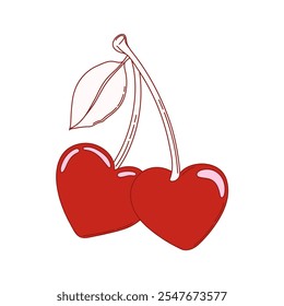 Coquette heart-shaped cherries with leaf. Cherry on white background. Vector illustration for posters, cards, logo, printing on t-shirt etc.