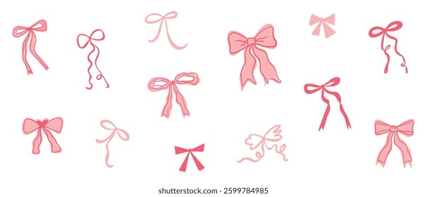 Coquette holiday bows hand drawn collection. Outline ribbons for gift wrapping and hair decor retro. Y2K doodles for birthday, xmas and celebrating.