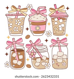Coquette Iced Coffee Lover, Girly Iced Coffee Trendy Doodle Cartoon Style Hand Drawn Elements Vector