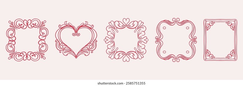 Coquette ink minimal hand drawn line art illustrations of vintage frames with ribbons, decorative flourishes, elegant, whimsical, romantic design, vector style, floral accents, greeting card 