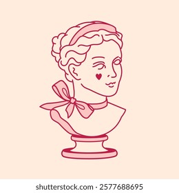 Coquette inspired vector illustration of a feminine bust statue with a ribbon detail. Soft pastel colors. Antique aesthetic and elegance for vintage decor, as logo design, sticker or branding element