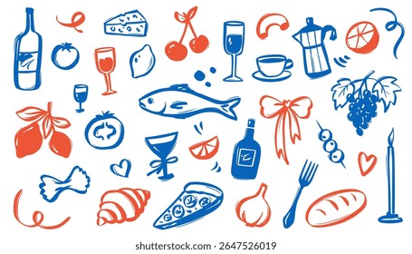 Coquette Italian Food Doodle with Vintage Summer Vibe. Pasta Lemons, Cherry, Wine Bottle and Pizza Slices with Coastal Charm. Perfect for Cafe Menu or Kitchen Decor.