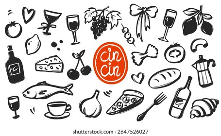 Coquette Italian Food Doodle with Vintage Summer Vibe. Pasta Lemons, Cherry, Wine Bottle and Pizza Slices with Coastal Charm. Perfect for Cafe Menu or Kitchen Decor.