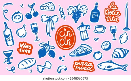 Coquette Italian Food Doodle with Vintage Summer Vibe. Pasta Lemons, Cherry, Wine Bottle and Pizza Slices with Coastal Charm. Perfect for Cafe Menu or Kitchen Decor.