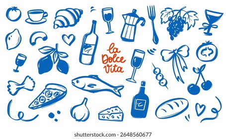 Coquette Italian Food Doodle with Vintage Summer Vibe. Pasta Lemons, Cherry, Wine Bottle and Pizza Slices with Coastal Charm. Perfect for Cafe Menu or Kitchen Decor.