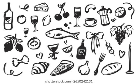 Coquette Italian Food Doodle with Vintage Summer Vibe. Pasta Lemons, Cherry, Wine Bottle and Pizza Slices with Coastal Charm. Perfect for Cafe Menu or Kitchen Decor.