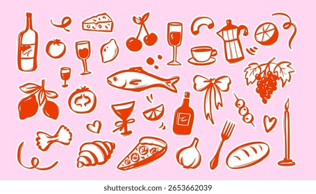 Coquette Italian Food Doodle with Vintage Summer Vibe. Pasta Lemons, Cherry, Wine Bottle and Pizza Slices with Coastal Charm. Perfect for Cafe Menu or Kitchen Decor.