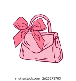 Coquette lady's handbag with bow. Hand drawn line art illustration bag on white background. Doodle trendy girly handbag. Decoration for trendy handbag shop design.