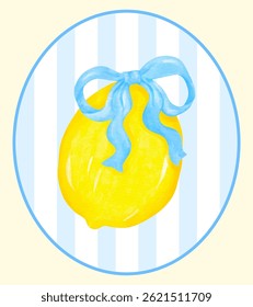 Coquette Lemon with Blue Ribbon Bow Watercolor in Preppy oval frame, Girly Summer Vintage wall art printable