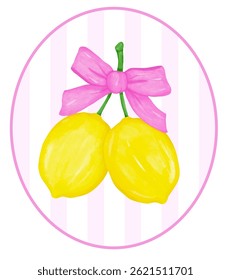 Coquette Lemon with Hot Pink Ribbon Bow Watercolor in Preppy oval frame, Girly Summer Vintage wall art printable