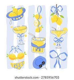 Coquette Lemon Summer with Blue Bow. Vector illustration.