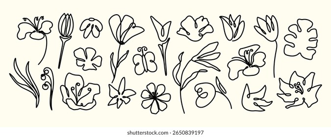 Coquette lines. Whimsical flowers and botany. Elements for design. Simple template. Clipart. Prints. Elegant floral. Scribbles. Doodles and hand drawn. Outline and line art. Drawing sketch