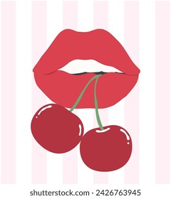 Coquette Lippen mit Kirschen, mit trendigen und stilvollen Illustrationen.