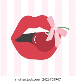 Coquette lips with pink bow and cherries, featuring trendy and stylish illustrations.