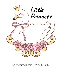 Coquette Little Princess Swan Trendy Doodle Estilo Desenhado à Mão Elementos Vetor