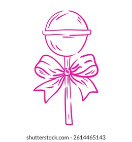 Coquette lollipop with bow. Hand drawn line art illustration lollipop on white background. Doodle trendy girly candy. Decoration for templates. Vintage elegant vector.