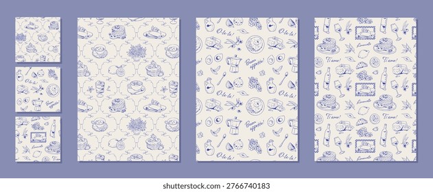 Coquette mediterranean brunch pattern in blue line seamless set. Hand drawn cafe breakfast food doodle as seamless set. Cute italian and french meal background for vintage bakery menu and cozy