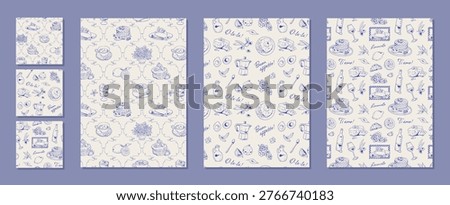 Coquette mediterranean brunch pattern in blue line seamless set. Hand drawn cafe breakfast food doodle as seamless set. Cute italian and french meal background for vintage bakery menu and cozy