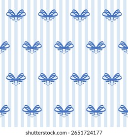Coquette Outline Blue Bow Seamless Pattern Background.  Sketch Ink Ribbon Vintage Wrapping Paper Print. Whimsical Doodle Line Contour Stroke Textile Swatch. Girly Dairy Striped Sophisticated Surface