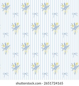 Coquette Outline Bouquet Seamless Pattern Background.  Sketch Floral Vintage Wrapping Paper Print. Whimsical Doodle Line Flower Stroke Symbol Textile Swatch. Girly Dairy Striped Sophisticated Surface