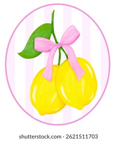 Coquette Pair of Lemons with Pink Ribbon Bow Watercolor in Preppy oval frame, Girly Summer Vintage wall art printable