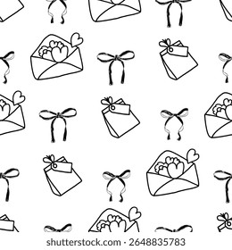 Coquette partido crayon padrão sem emenda. Envelope de presente e fitas fundo infinito. Tampa repetida em preto e branco festivo para meninas. Motivo de aniversário do padrão de superfície. Ilustração desenhada à mão vetorial.