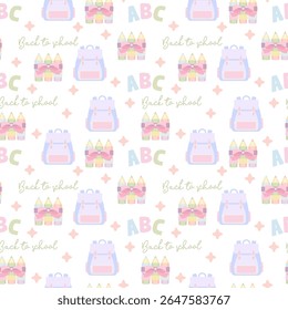 Coquette pastel de volta à escola padrão sem costura com mochilas giz de cera e texto abc para crianças suprimentos e artigos de papelaria