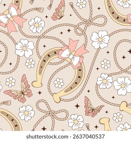 Coquette Pastel Boho Western Vector Seamless Pattern with luckyHorseshoe, Bow Rope Lasso, Flowers and Butterfly. Cowgirl Wild West Girlish floral background. Perfect for textiles, wallpapers, digital