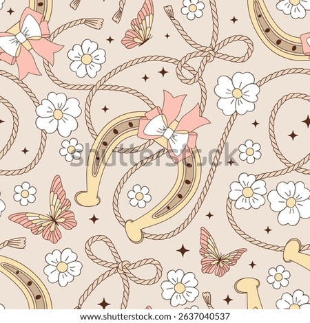 Coquette Pastel Boho Western Vector Seamless Pattern with luckyHorseshoe, Bow Rope Lasso, Flowers and Butterfly. Cowgirl Wild West Girlish floral background. Perfect for textiles, wallpapers, digital